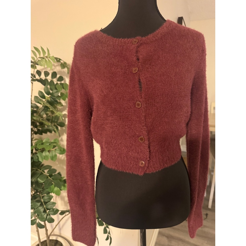 Kimchi Blue Burgundy Fuzzy Cropped Cardigan Sweater Button Front Small